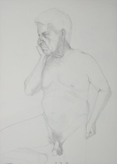 Drawing portrait of a male model seen in profile, from head to crotch, in profile