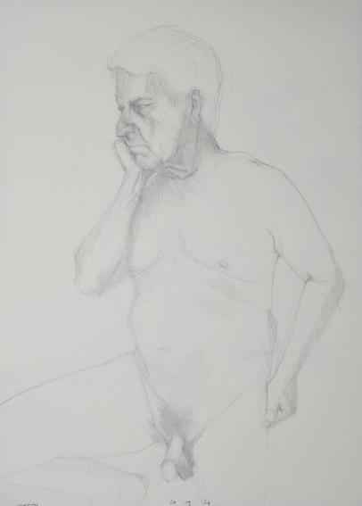Drawing portrait of a male model seen in profile, from head to crotch, in profile