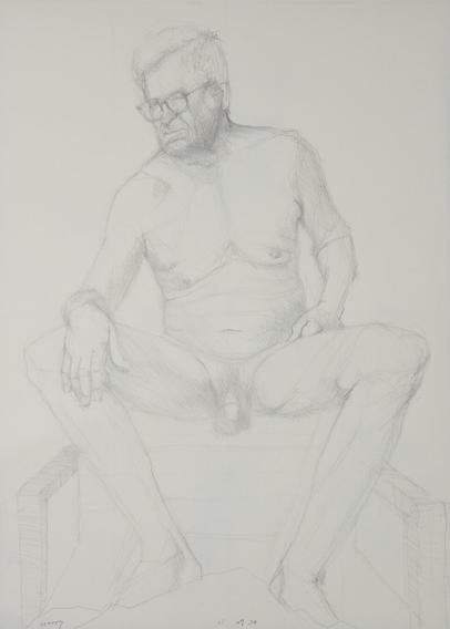 Drawing portrait of a male model, sitting naked, legs apart