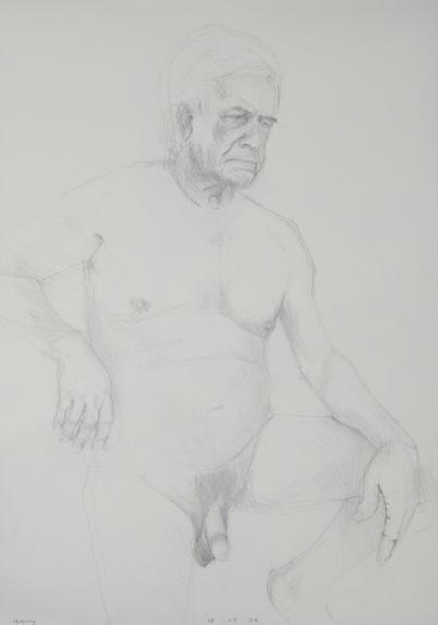 Drawing portrait of a male model, sitting naked
