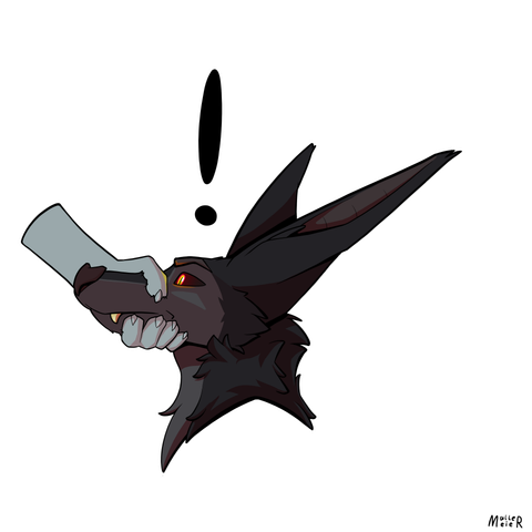 Digital drawing of a hand holding the snout of a furry bat shut. The bat has a surprised expression.