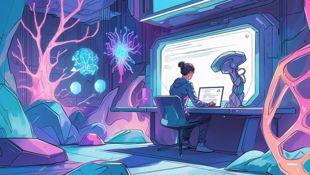 A person working in a futuristic digital space, surrounded by abstract glowing AI elements and creative shapes symbolizing inspiration and artificial intelligence.