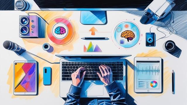 Digital creative tools arranged on a desk, with floating AI-themed holographic icons representing text, image, audio, and video generation.