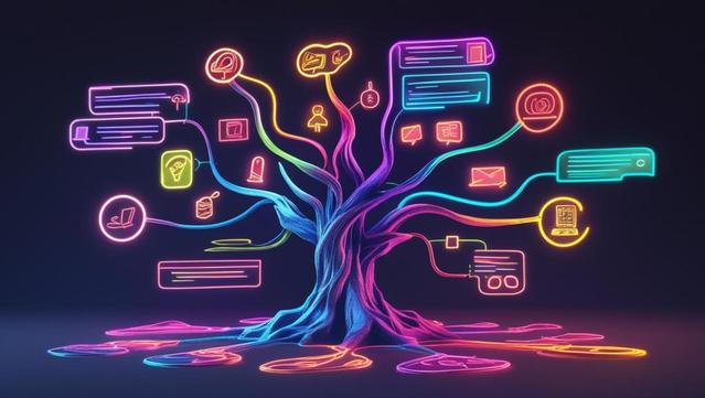 A conceptual 3D scene showing a glowing abstract mind map, where nodes represent different stages of a process — like ideas branching into images, text, and videos. Use vibrant neon lights on a dark background to evoke innovation and digital thinking. No words, just abstract forms.