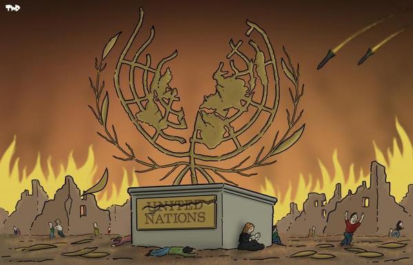 Cartoon showing a statue to the UN logo, which is mangled and torn in half, behind which we see buildings on fire and bombs falling.