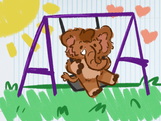A doodle of an anthropomorphic mammoth swinging on a swing set. There is yellow sun in the background with some  red hearts too. The grass is really green.
