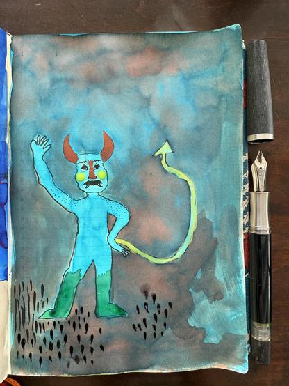 Sketch in sketchbook of a demon holding one hand up and the other resting on his side as if doing a ballet pose