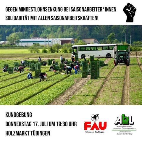 Das SharePic zeigt die Eckdaten zur Kundgebung, und ein Foto von Erntearbeiter:Innen bei der Arbeit auf dem Feld