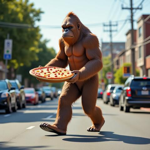 Sasquatch in the middle of a street, carrying a pizza