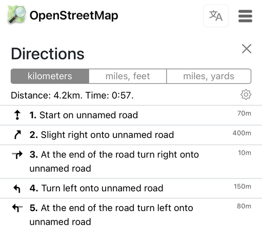 A screenshot of walking directions on OpenStreetMap — with a noticeable bug: all the streets are labelled as “unnamed road.”