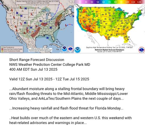 Valid 12Z Sun Jul 13 2025 - 12Z Tue Jul 15 2025

...Abundant moisture along a stalling frontal boundary will bring heavy
rain/flash flooding threats to the Mid-Atlantic, Middle Mississippi/Lower
Ohio Valleys, and ArkLaTex/Southern Plains the next couple of days...

...Increasing heavy rainfall and flash flood threat for Florida Monday...

..Heat builds over much of the eastern and western U.S. this weekend with
heat-related advisories and warnings in place...