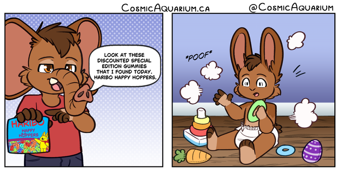 This is a comic strip. The first comic strip  has an adult mammoth boy dressed in a red t-shirt and he found some discount Haribo Happy Hopper gummies. In the second strip, the mammoth transformed into a bunny! The old Easter candy had transformed the big adult mammoth into a baby bunny. Now he is holding a green toy plastic ring and the newly transformed bunny has a surprised face.
