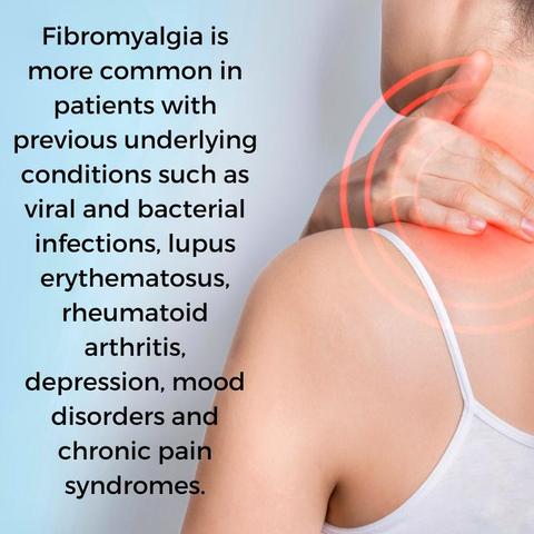 Fibromyalgia is more common in patients with previous underlying conditions such as viral and bacterial infections, lupus erythemathosus, rheumathoid arthritis, depression, mood disorders and chronic pain syndromes. Close up of a young woman touching her neck in pain.