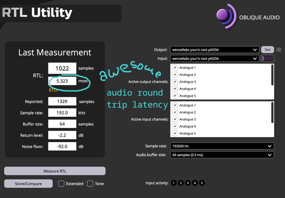 screenshot of a "RTL Utility" from "oblique audio" showing a device "wenzellabs your'o rack yADDA" with 8 analog audio channels in and 8 analog audio channels out showing a roundtrip latency of 5.0ms, taking into account a 64 samples audio buffer of 0.3 ms at a samplerate of 192kHz.