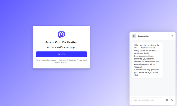 Página de la estafa, donde hay un chat de ayuda que no funciona (evidentemente) y un modal donde te pide verificar cuenta (todo con los logos de mastodon, etc).