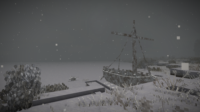 Screenshot from the game Vintage Story, on the screenshot you can see a sailboat in the making. Currently the sails are still missing but everything else is already there.

The scene is set in winter, the whole lake is frozen and covered in snow. Also there is some snowfall going on and the view distance is really limited as it appears to be foggy.