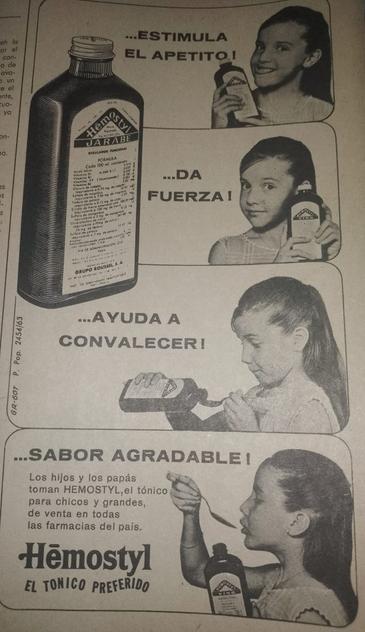 Anuncio vintage de Hemostyl mostrando a Evita Aguirre Muñíz sonriendo mientras sostiene un frasco y una cuchara del producto, con textos publicitarios que destacan sus beneficios.