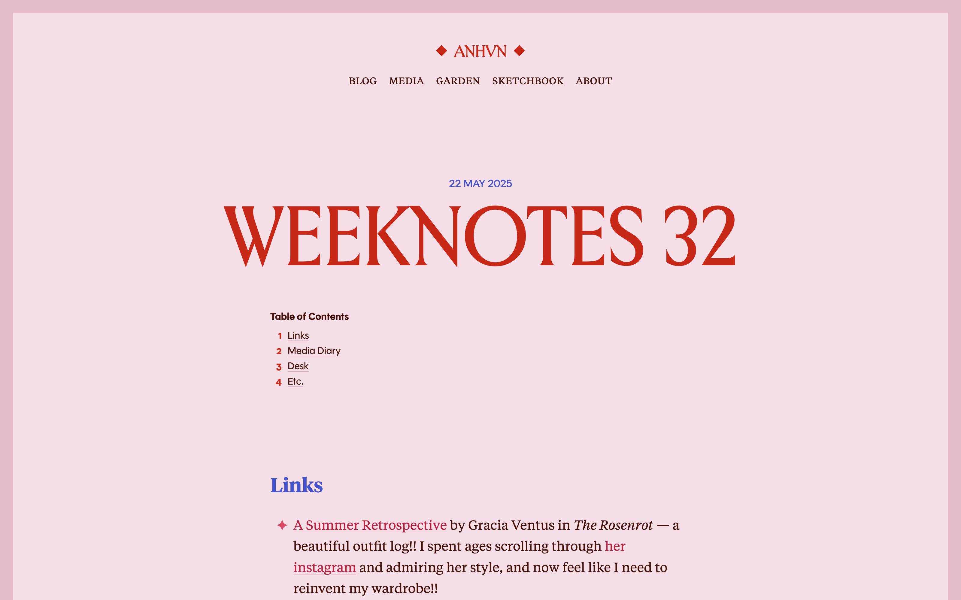Blog post screenshot. Big post title, serif text, centred site navigation. Colour theme is soft pink.