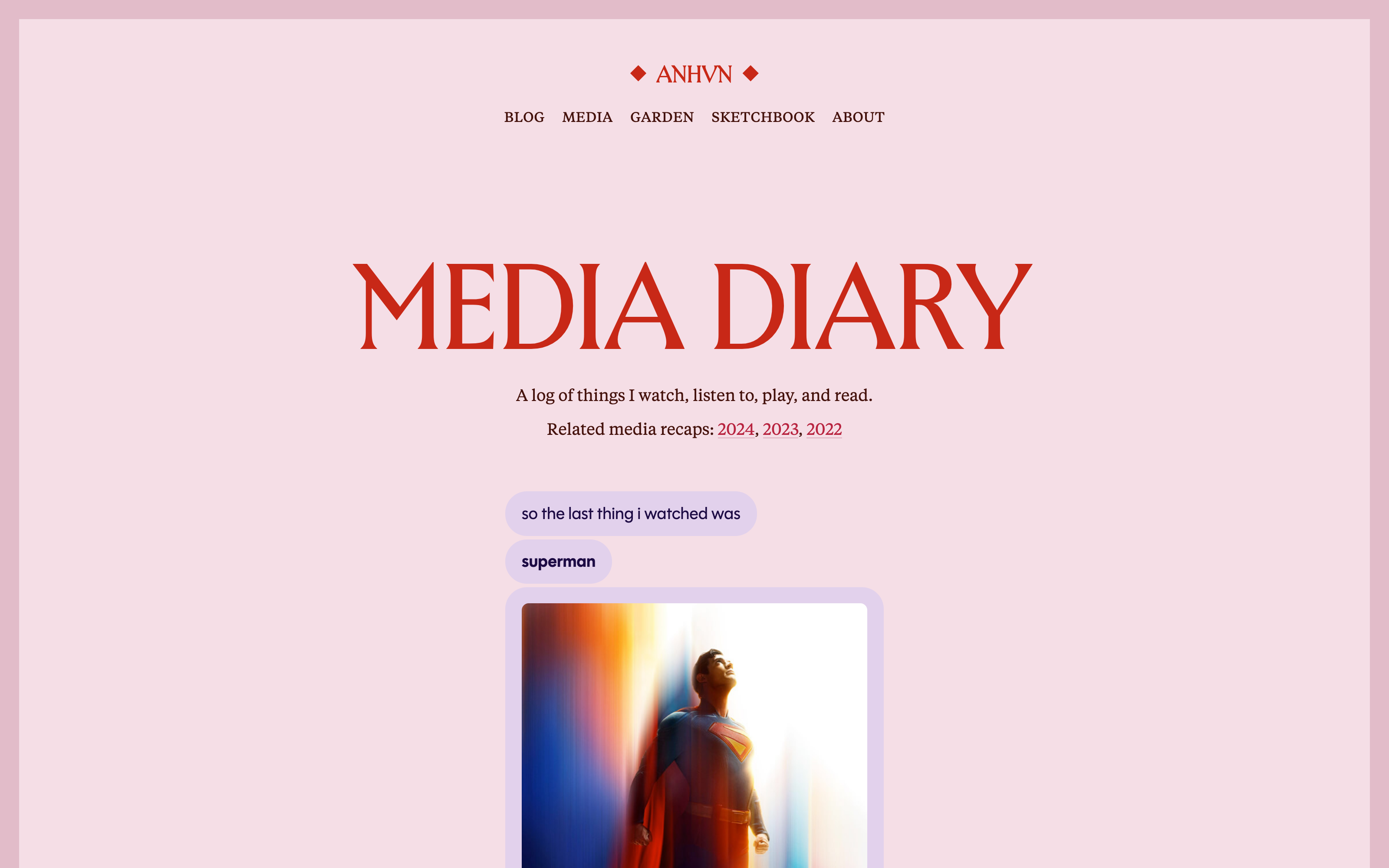 Media diary, showing a snippet of my most recently watched movie, formatted like a series of text messages.