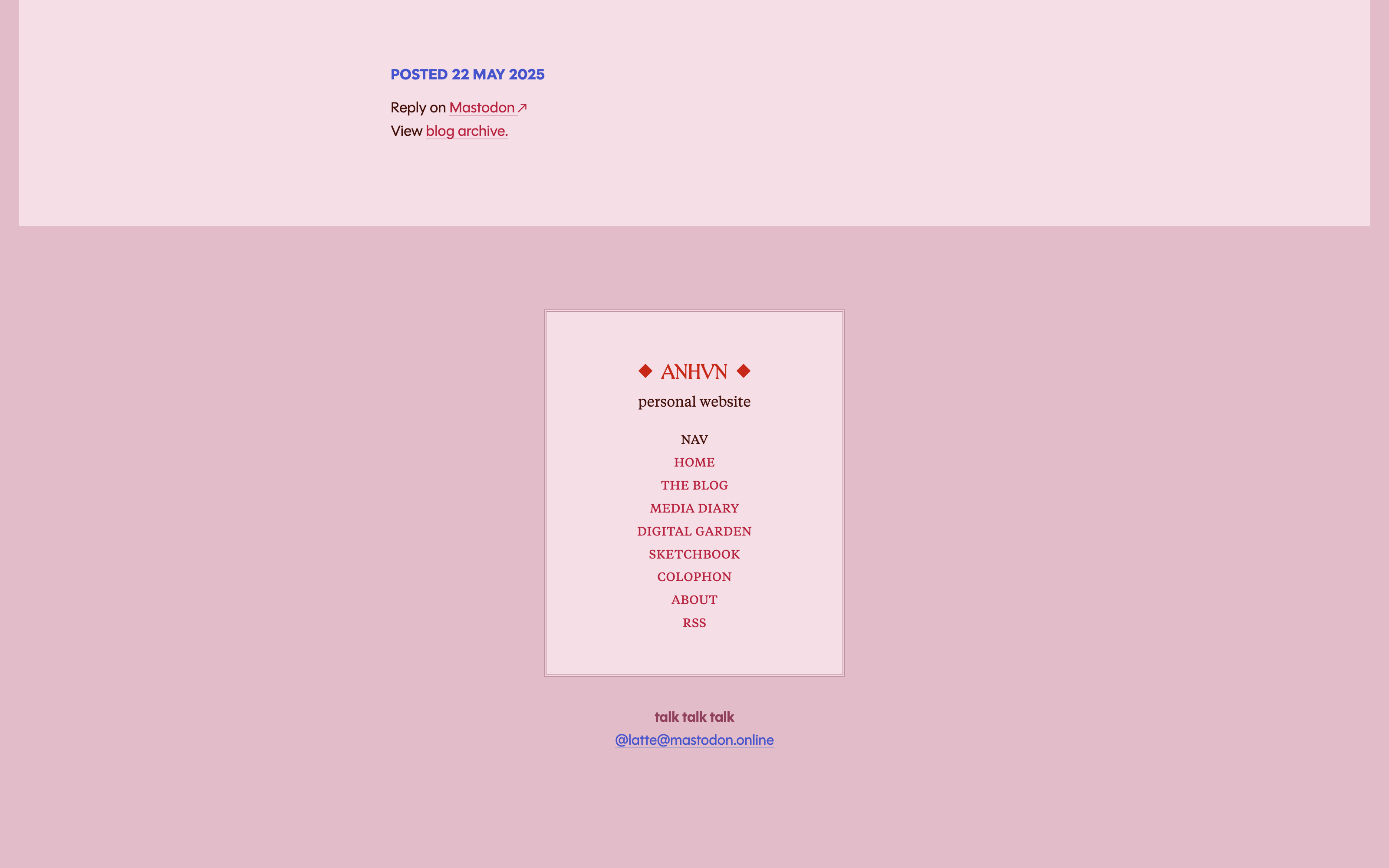 Site footer, which shows the navigation links arranged in such a way that the text block is shaped like a diamond.
