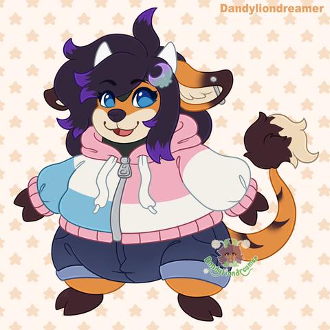 a vixen fursona redesigned to look like miltank from pokemon

her hair is black with purple tips, she has blue eyes, and orange fur, her hooves are brown and tail fur are brown with white tips

she has a moon hair clip and a piercing on one ear

she is wearing a hoodie that is colored pink white and blue, with blue jean pants