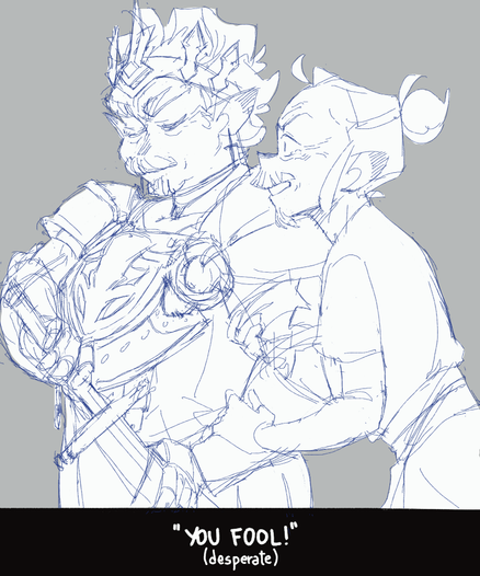 Papashan is in his paladin armor, sheathing his sword. Lolorito is pulling on one of his arms, with a desperate look on his face. Subtitle at the bottom says “You fool!” (Desperate)