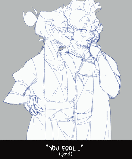 Papashan has an arm around Lolorito’s waist and is holding one of his hands to his lips, while giving him a side eye. Lolorito has a hand over the one at his waist and is looking at Papashan with a fond look on his face. Subtitle at the bottom says “You fool…” (fond)