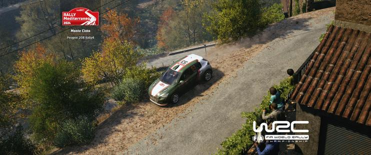 A high-angle shot shows a white, green, and red rally car driving along a dirt road that winds through a lush, green landscape with hints of autumnal colors. The road is dusty, with tire tracks visible. In the bottom right corner, a building with a red-tiled roof and dark shutters is visible, with three spectators peeking over a wall to watch the race. The top left features a red and white logo that reads "RALLY MEDITERRANEAN 2024" and "Monte Cinto Peugeot 208 Rally4." The bottom right has a white logo for "WRC FIA WORLD RALLY CHAMPIONSHIP."