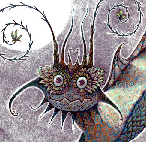 A startled looking creature stares with alarm at the viewer, frozen in place. Drawn in pencil with purple, green and bits of other colors. Behind its head, a white circle of moon.