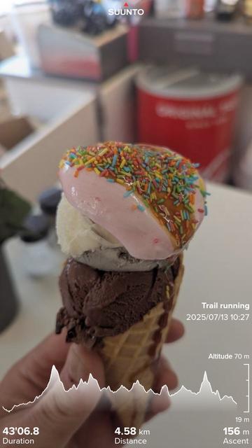 Gamle daw ice creams a traditional old style ice cream in Denmark, only two scoops though but with Guff (you have to figure out what that sugar base is) with my running stats imprinted on top