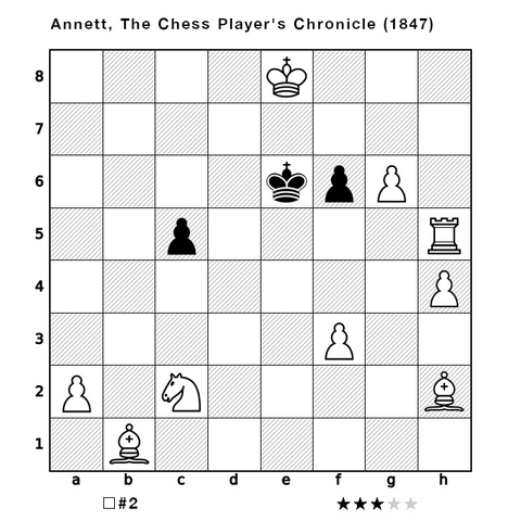 A chess board illustrating the starting position and instructions for the chess problem, "White to move and checkmate in two moves." The chess pieces are arranged as follows: White - King: e8, Rooks: h5, Bishops: b1 h2, Knights: c2, pawns: a2 f3 h4 g6; Black - King: e6, pawns: c5 f6.