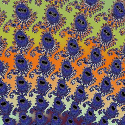 A render of the mandelbrot set using randomised colours. The centre point is 0.12633565144377068 + -0.5915681944111258i and we are zoomed to 1.0579721930e+05 magnitude.