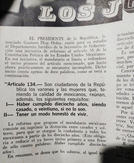 Una página de un documento que presenta el artículo 134 de la Constitución de México, que detalla los requisitos para ser considerado ciudadano, incluyendo la edad mínima para votar según el estado civil.