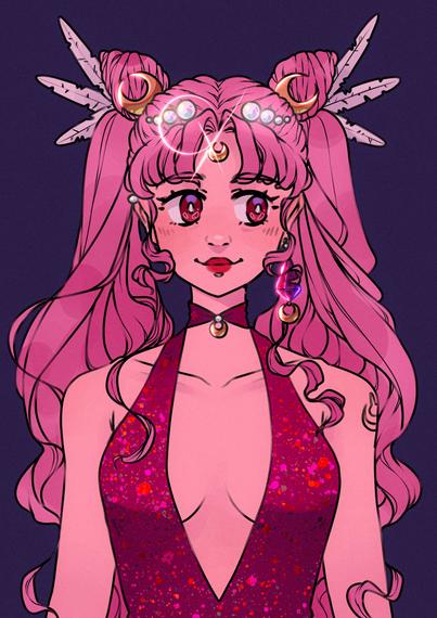 drawing: chibiusa from sailor moon but grown up, wearing a burgundy sparkly dress