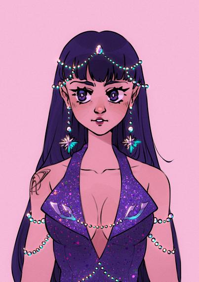 drawing: hotaru from sailor moon but grown up, wearing a mistress 9 inspired sparkly dress