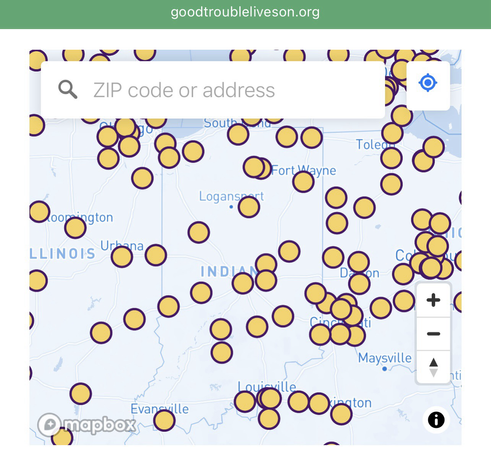 Map showing locations of the “Good Trouble Lives On” protests to be held in Indiana on Thursday, July 17th, 2025.