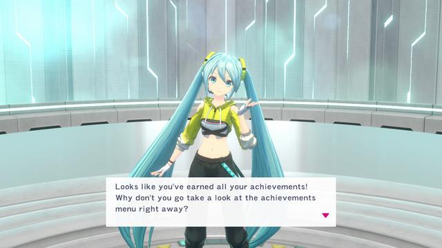 Screenshot from "Fitness Boxing featuring Hatsune Miku". Miku informs me I've acquired all the achievements, and suggests I go look at the achievements menu to see for myself.