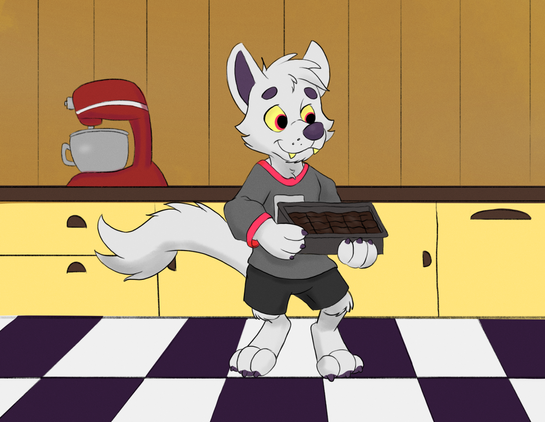 A coyote in a gray sweater and shorts stands in a wood-panelled kitchen, holding a pan of brownies!
