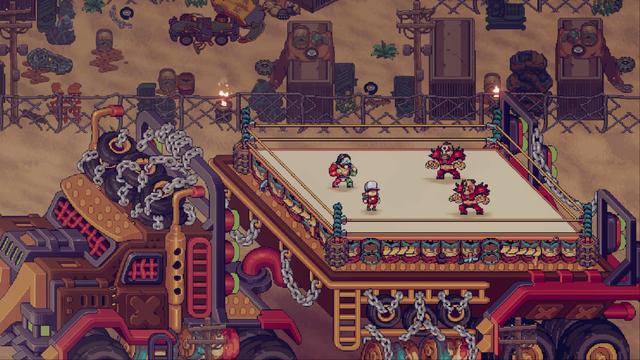 An animated pixel art wrestling scene. Two fighters in a ring, one with a blue and red costume and the other in brown and white. The ring is enclosed by gray barricades. Above them, an audience watches from stands.