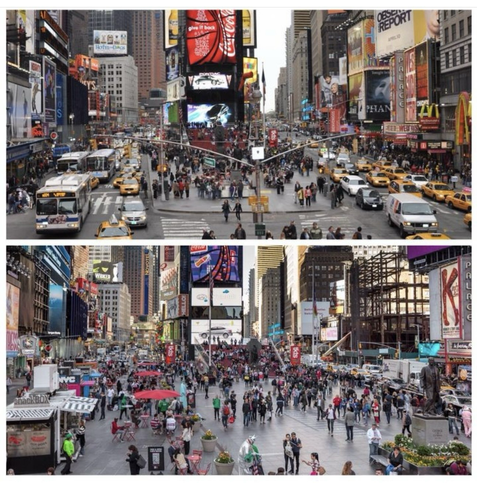 Oben: New Yorks Times Square mit Autoverkehr. Unten: Gleicher Ort autofrei mit vielen Menschen.