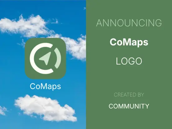 Graphic saying "announcing CoMaps logo created by community", with the new logo, a broken circle in the shape of an overlapped "C" and "O," with a navigational arrow in the center, on an olive green background.