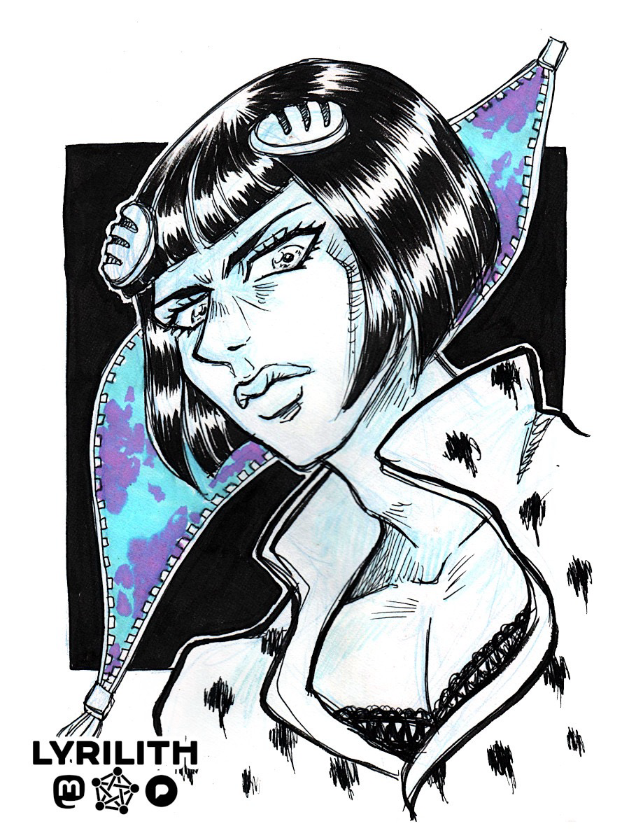 A portrait sketch of Bruno Bucciarati from Jojo‘s Bizarre Adventures done in black pen and markers. He is looking down at the viewer from a slightly elevated position with a serious expression. Behind him a black square creates contrast, but it is interrupted by an open zipper exposing a blue and purple wobbly pattern.