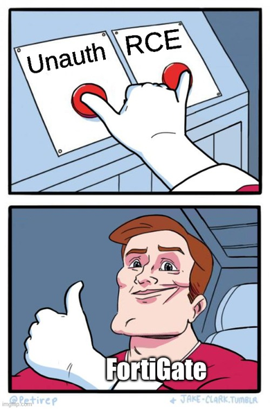 The Both Buttons Pressed Meme where the buttons are "Unauth" and "RCE". The Character "FortiGate" presses both buttons and gives a thumbs up.