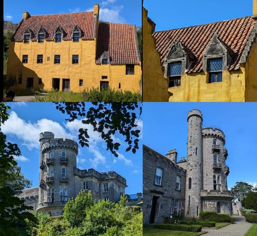 Image of a composite of 2 images of Culross Palace in Fife, bright ocra  coloured as royal houses were back then, the other 2 images are of Dunimarle Castle next door to the palace, this is a Victorian invention but looks the part