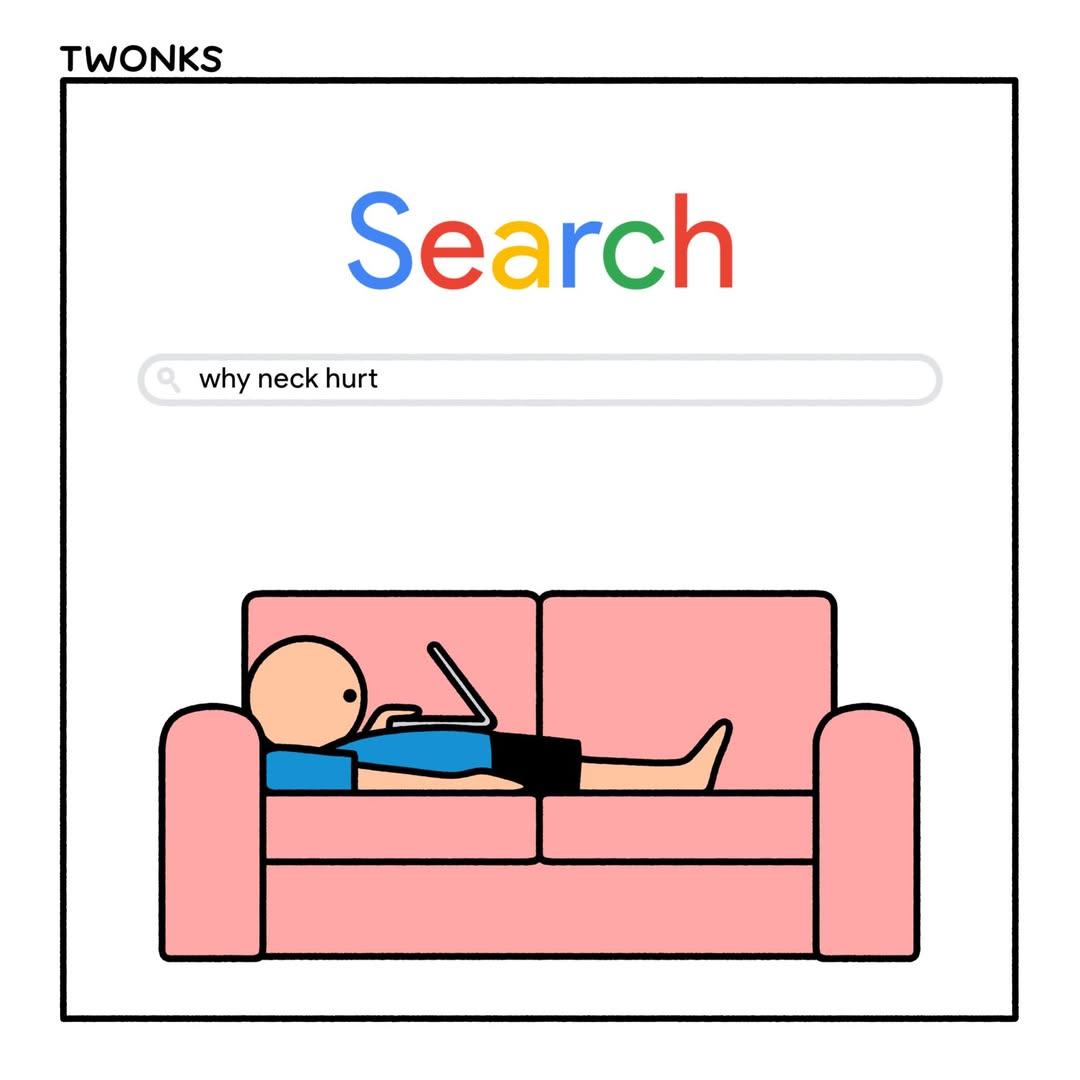 Man lying on the sofa with his head lying cramped on the side balancing his laptop on his belly searching the web for "why next hurt"