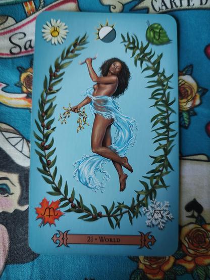 Card from the Modern Spellcaster's Tarot deck. 
The World-XXI.
A Black woman, surrounded by a small water wave. Framed by olive branches. We also see seasonal symbols.