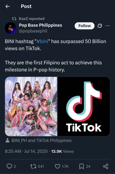 Screenshot of Twitter account Pop Base Philippines. Filipino girl group Bini and logo of TikTok. With text: Bini hashtag has surpassed 50 billion views. They are the first Filipino act to achieve this milestone.