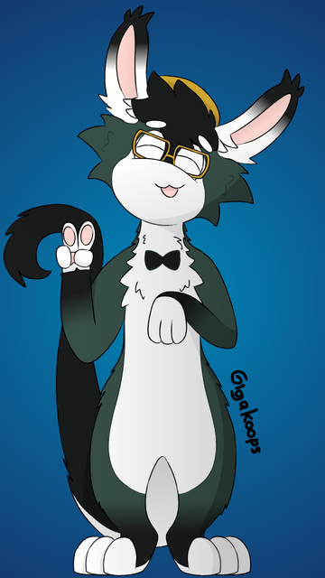 An amphimorpho is standing on their hind legs, smiling and holding one of their front paws up in a "peace" or "victory" shape. They're wearing glasses and a beanie.