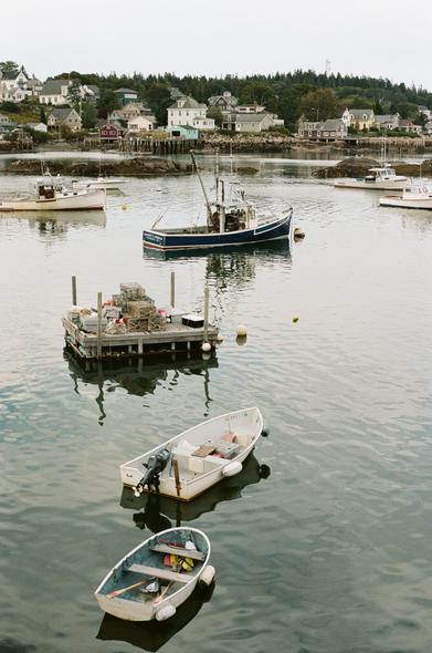 A photo of a harbor in the town of Stonington, Maine. The photo is taken from a vantage point maybe 15 feet above the water. The day is overcast and the colors are muted. There are many boats on moorings and in the background the town of Stonington with its wharfs and old captain’s houses stretches up the wooded hill. In the foreground there is a white-hulled dinghy with a rounded bow, the inside is painted teal. Moving up the photo, there is a skiff with an outboard, a wooden float piled high with lobster traps, a blue-hulled lobster boat geared up with scalloping or pogie-fishing rigging, then four white-hulled boats to the sides of the frame. Beyond the boats and before the shore there are a few ledges protruding from the water.