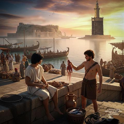 Scene 1: One of my harbor sceneries at times of the Ptolemaic dynasty with the famous lighthouse of Alexandria in the background. I developed the sceneries based on my mere imagination with the tower referring to a reconstruction by Hermann Thiersch (1909). I developed the picture with AI assistance, optimized colors and contrasts via Lightroom and Photoshop, corrected the AI tower version by hand and moved it to its final position. © Stefan F. Wirth, Berlin 2025